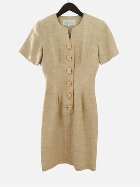 Vintage Tribal Button Beige Short-Sleeve Fitted Dress Size 4